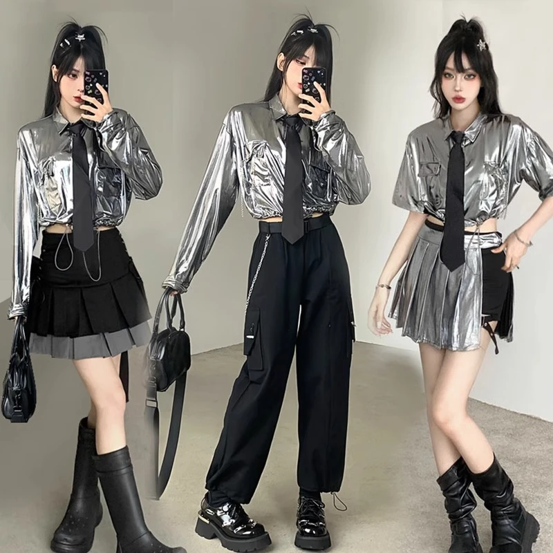 银色衬衫广场跳舞蹈衬衣短款爵士jazz演出服上衣网红洋气炸街女装