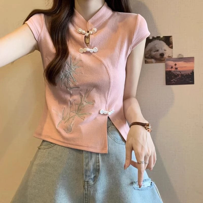 大码女装新中式立领盘扣刺绣短袖t恤女夏季新款短款别致绝美上衣