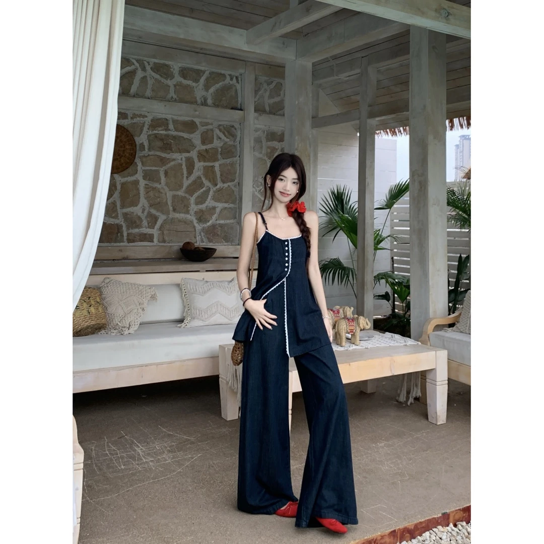 通勤显瘦 2025夏新款牛仔花边高腰开叉吊带上衣+高腰牛仔阔腿长裤