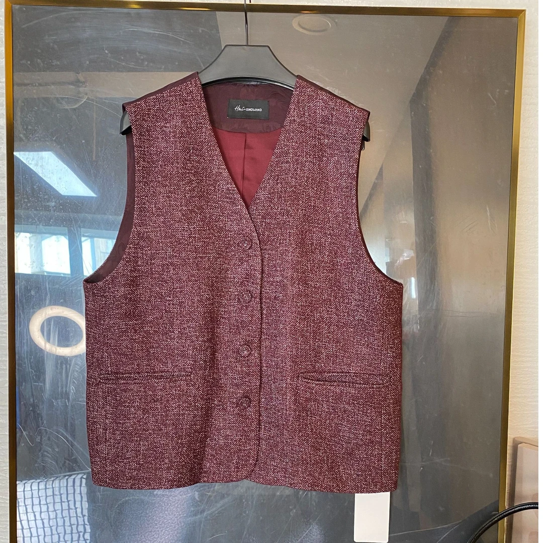 法式复古小香风提花AB面安哥拉红色马甲