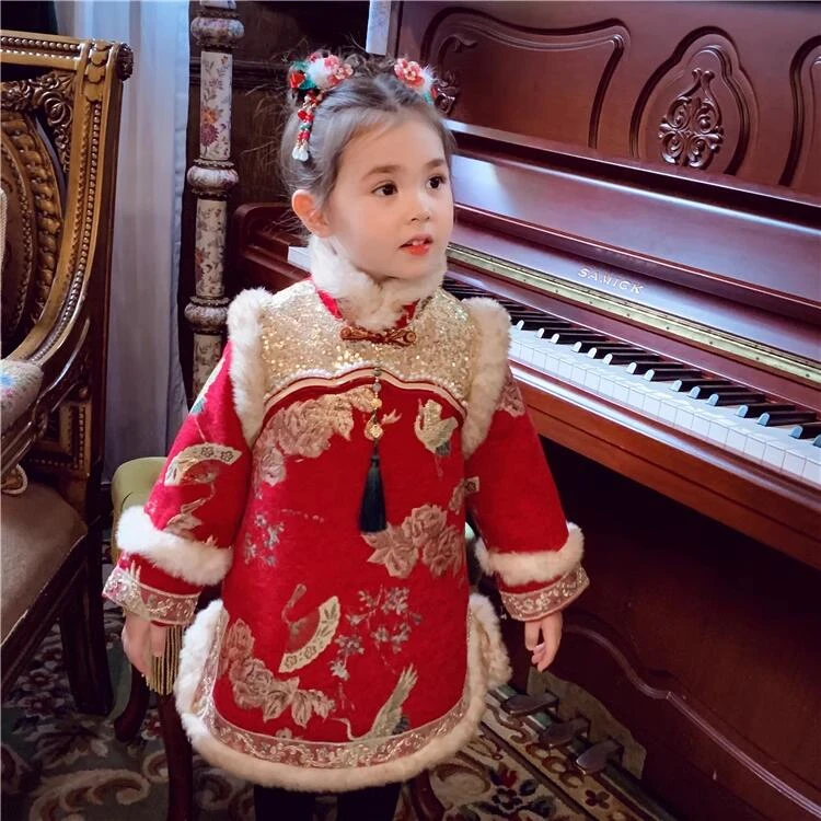 【福星贺岁】米米哈罗女童冬夹棉刺绣汉服旗袍裙新年连衣裙 D240178
