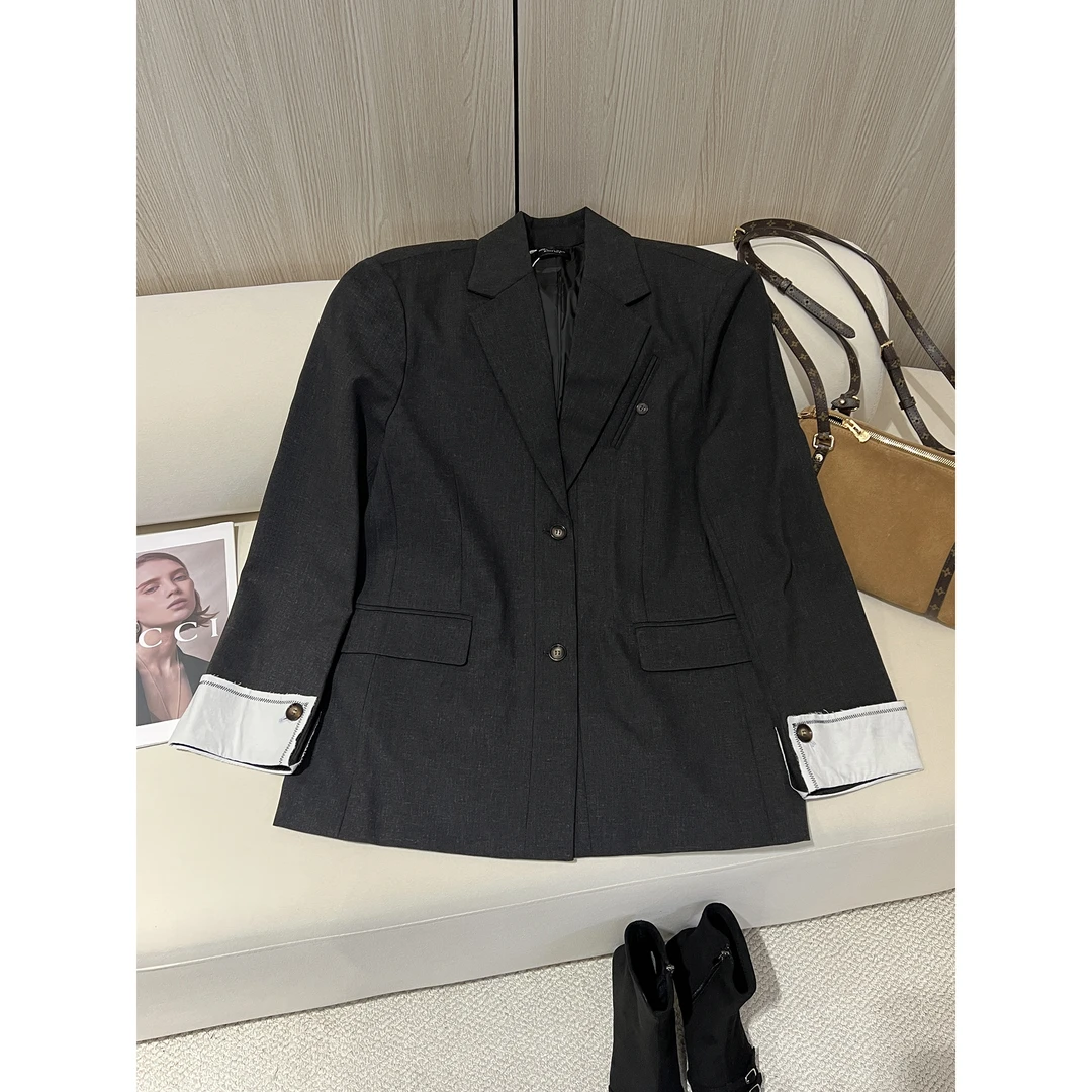 撞色卷边袖深灰色西装外套WJ-24-3441