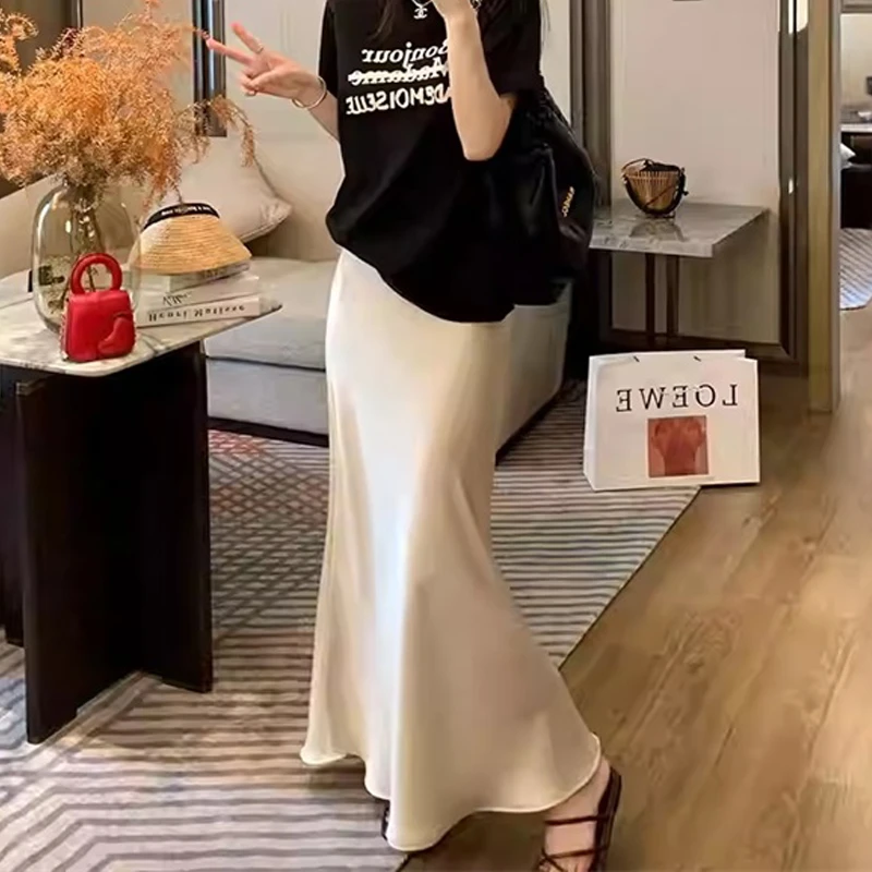 米白色醋酸侧开叉半身裙女夏季高腰气质松紧腰包臀鱼尾长裙