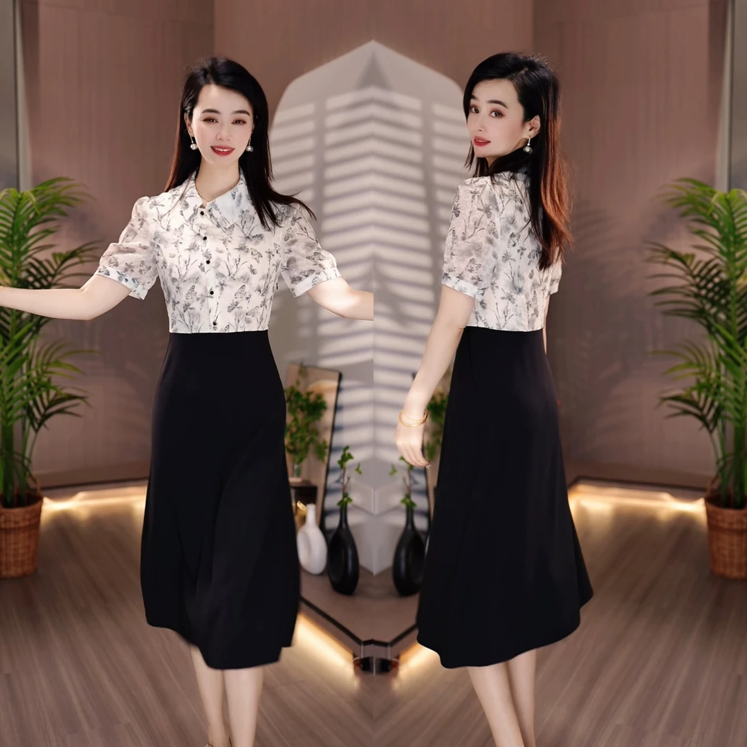 夏季新款连衣裙假两件碎花显瘦气质洋气高腰时尚轻熟修身遮肚