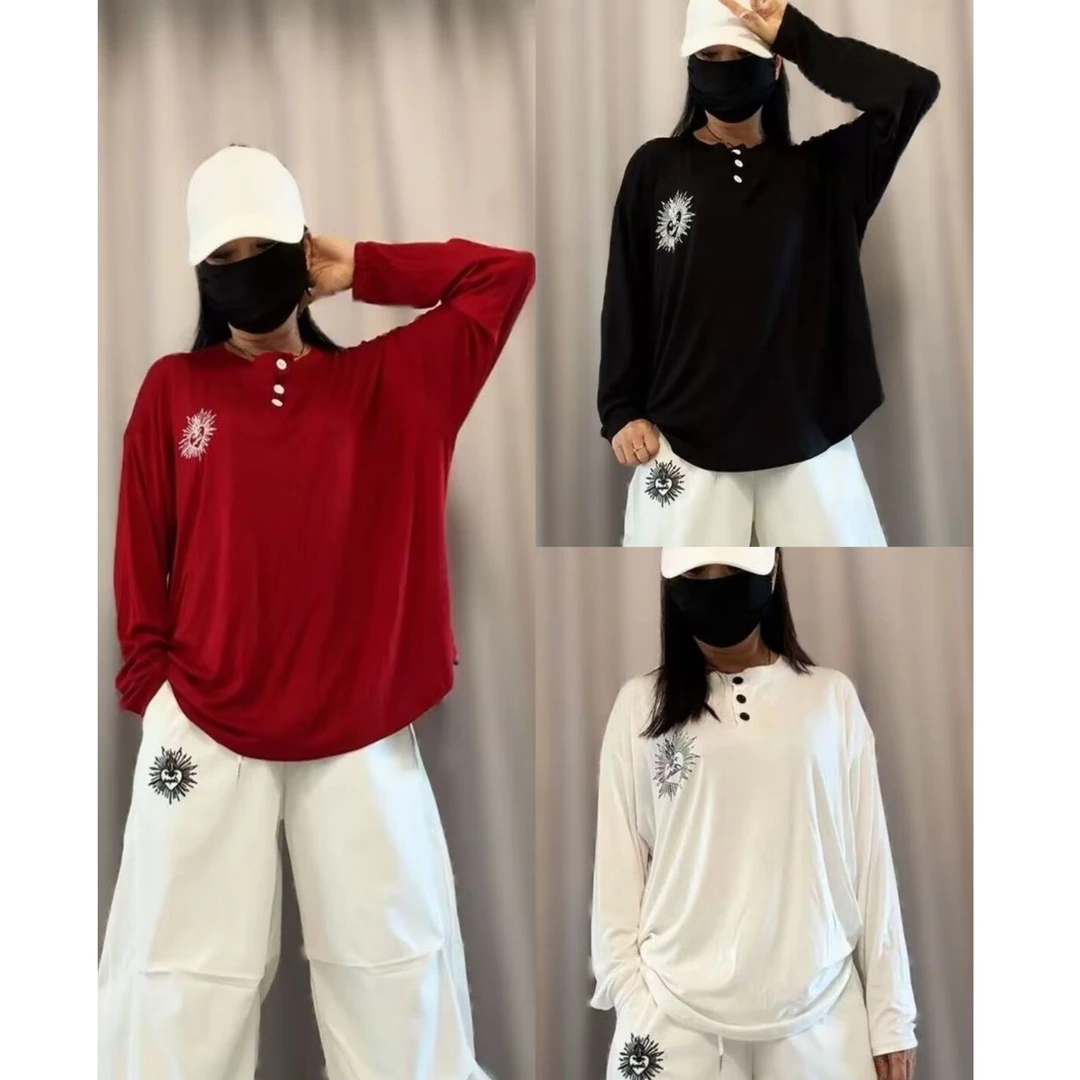 508春秋新款弹力棉大版型长袖T恤 潮流休闲百搭宽松圆领男女同款