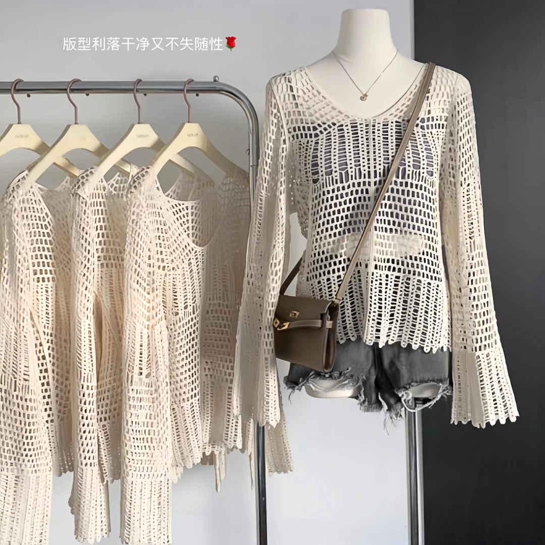 01-100镂空钩花蕾丝钩花针织衫波西米亚风