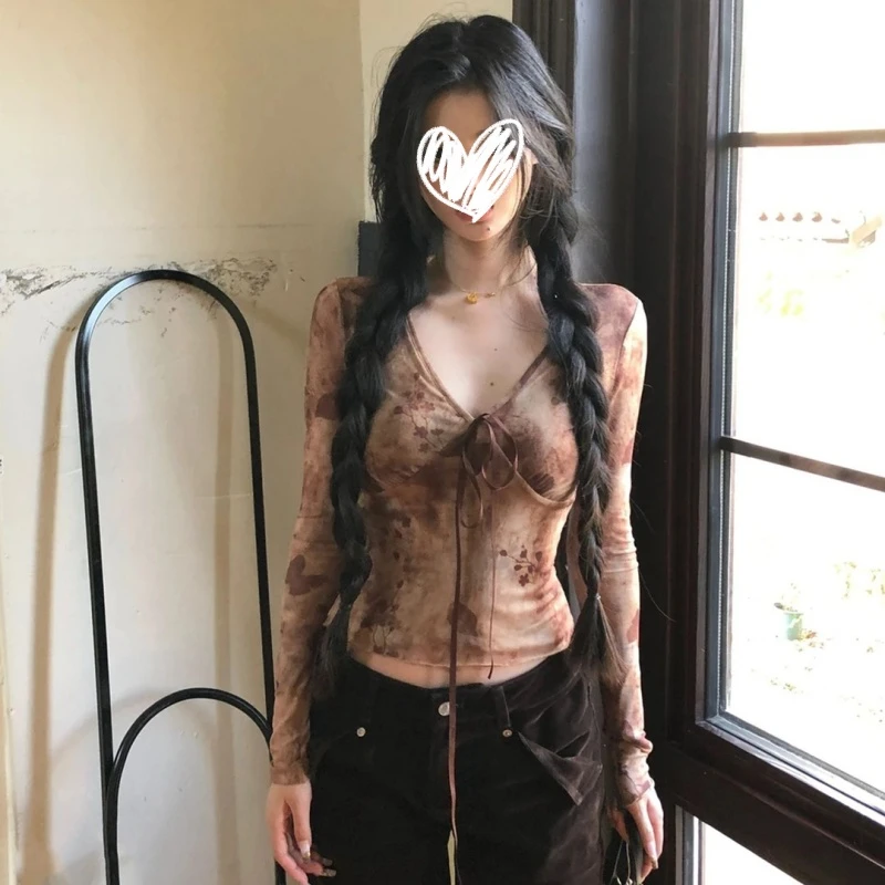 2025年秋季新款V领晕染领口系带交叉拼接褶皱长袖网纱显瘦女上衣
