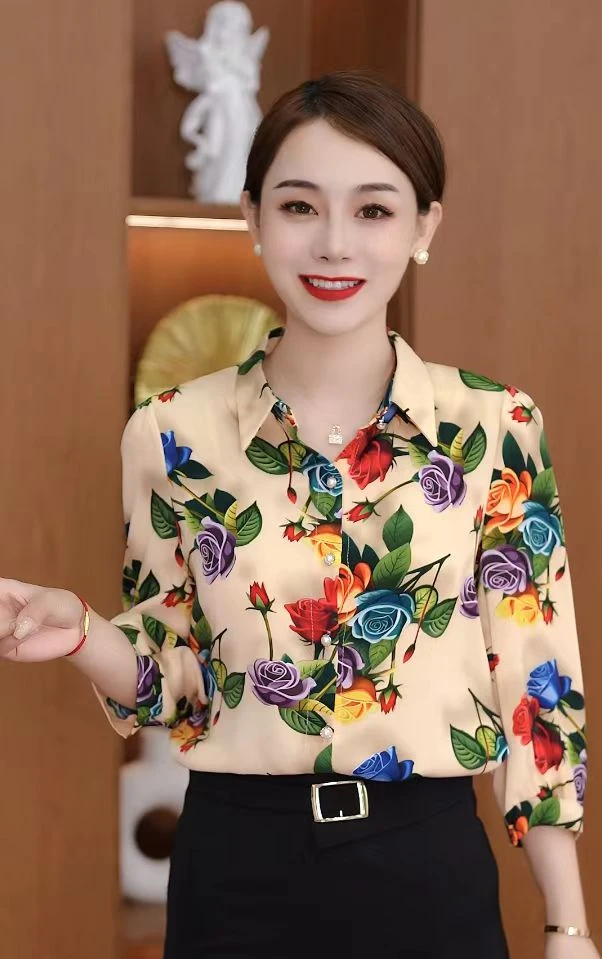 2025夏季新品女装时尚靓丽显瘦遮肉气质减龄开衫印花七分袖衬衫2