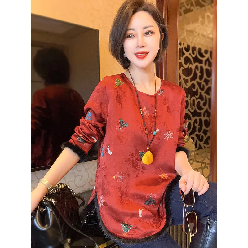 新中式国风复古洋气上衣女秋冬内搭水貂毛拼接T恤24121624