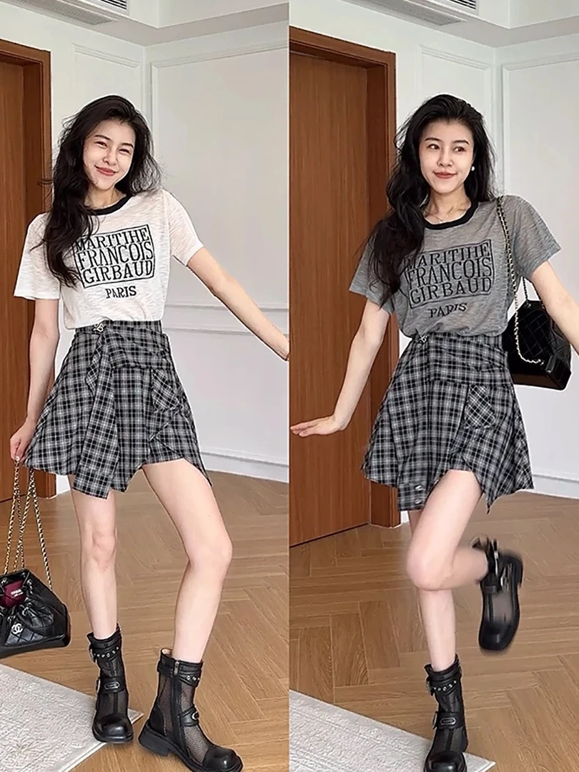 2025夏季新款设计感字母印花短袖T恤高腰显瘦半身裙子两件套装女