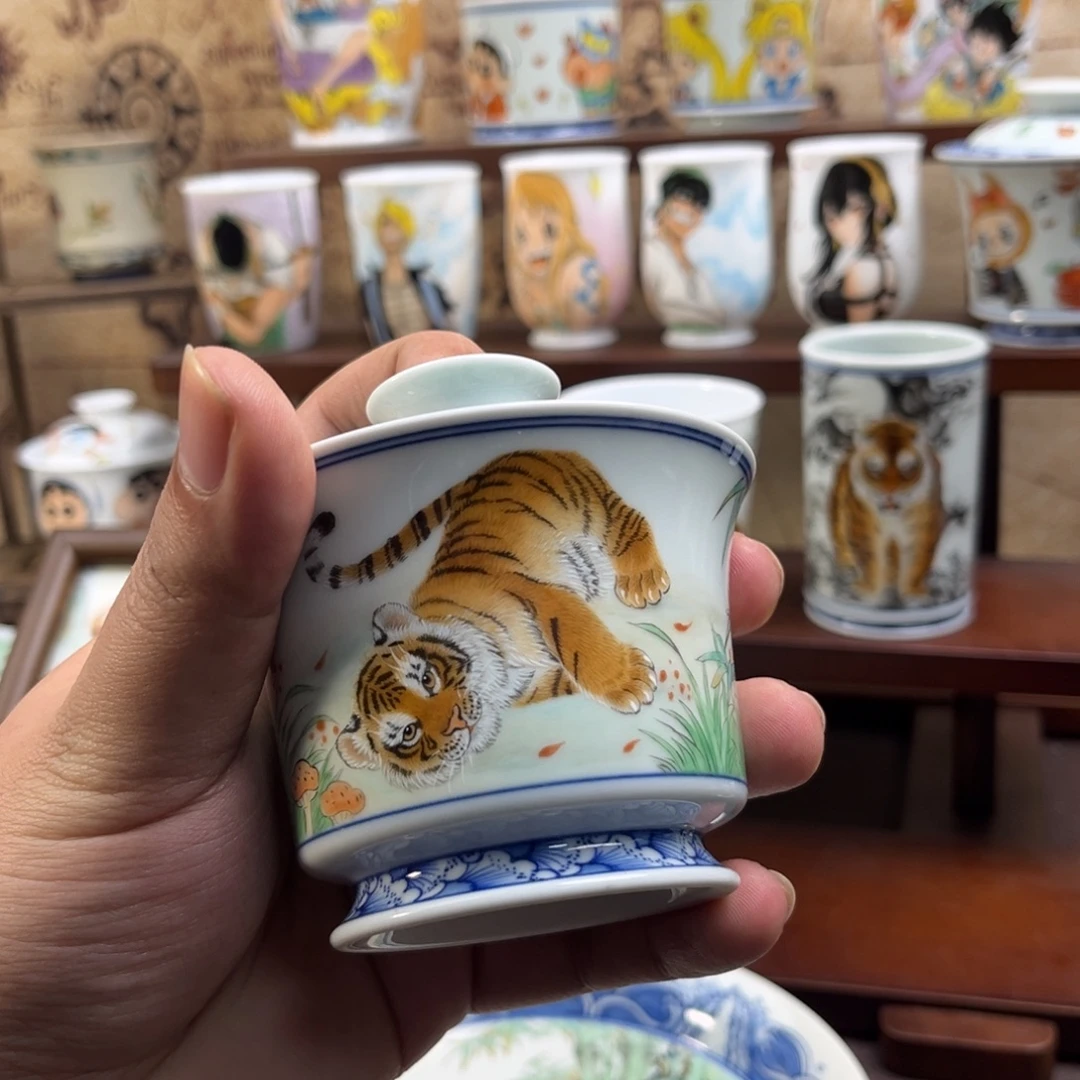 西***炮手绘老虎两才盖碗