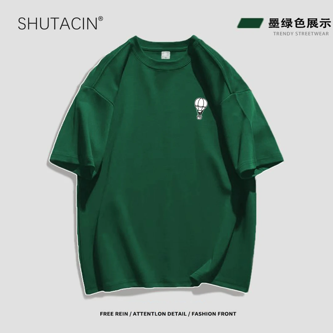 SHUTACIN男女同款原创图形纯棉短袖T恤小热气球落肩圆领宽松简约