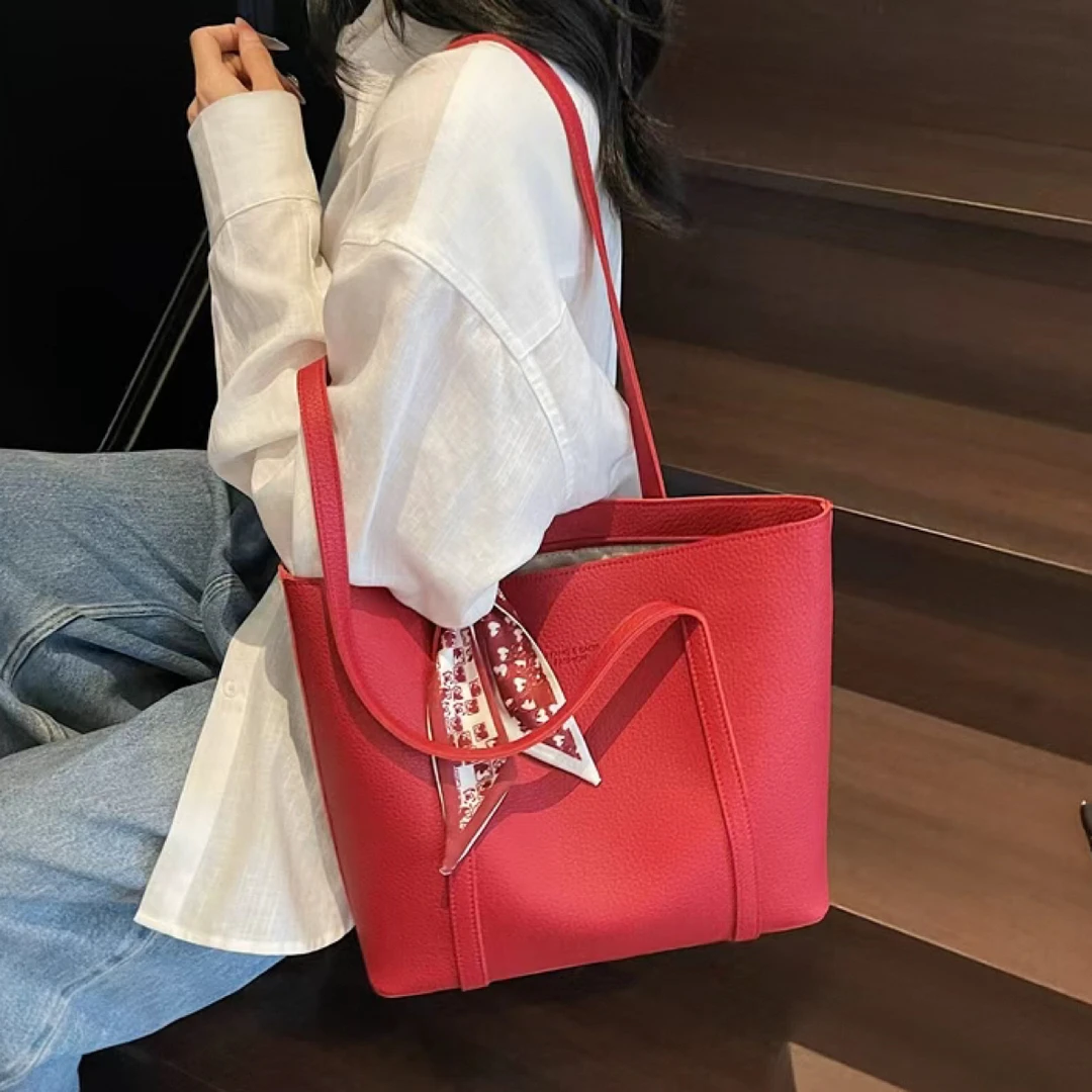 红色结婚新娘包婚包女2025新款轻奢感大容量通勤单肩托特包时尚