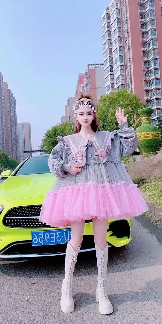 【面条家】高级感娃娃领纱纱外套蓬蓬连衣裙