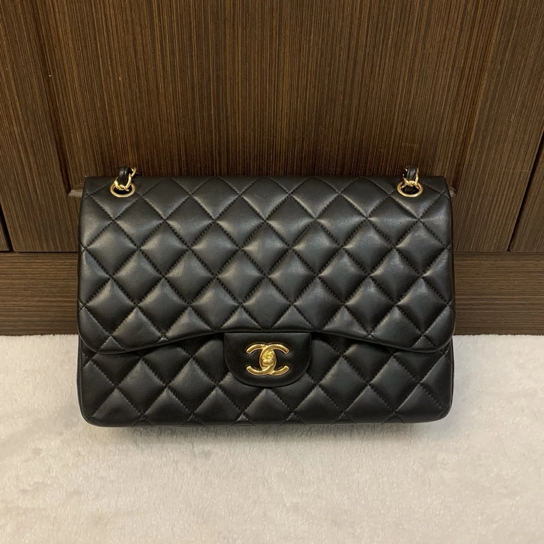 95新 Chanel/香奈儿 黑金羊皮jumbo大号CF 20开/二奢