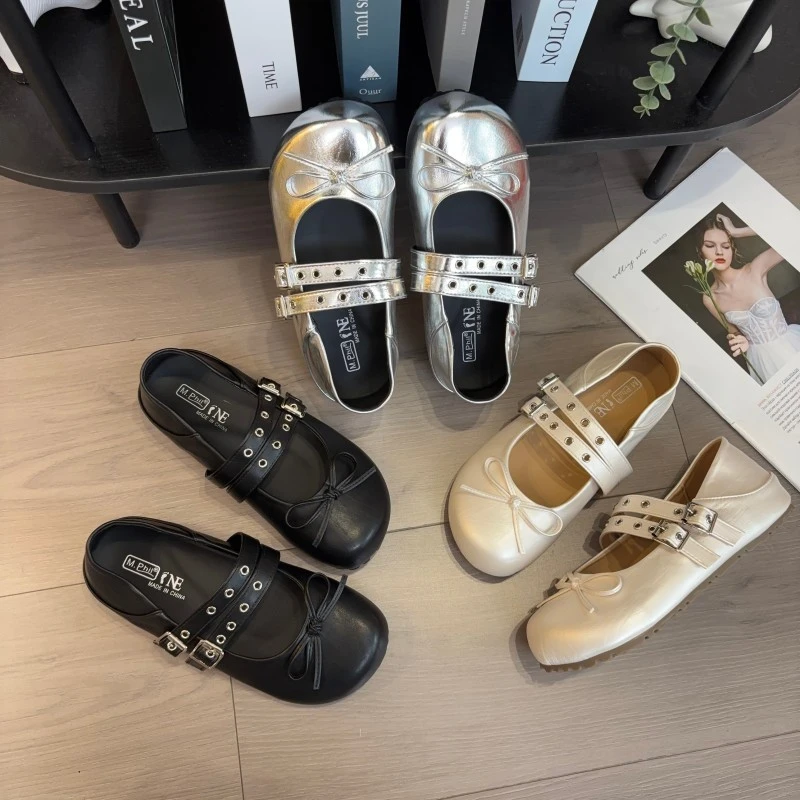 时尚百搭仙女芭蕾风玛丽珍鞋两穿2025春夏季蝴蝶浅口结女厚底单鞋