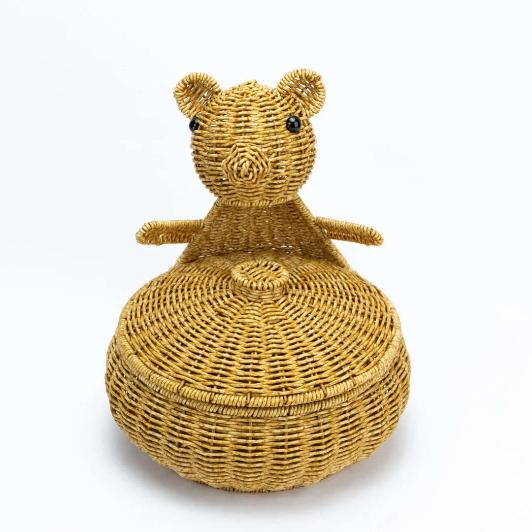 小熊聚宝盆带盖复古编织家用创意纯手工中式玄关茶室