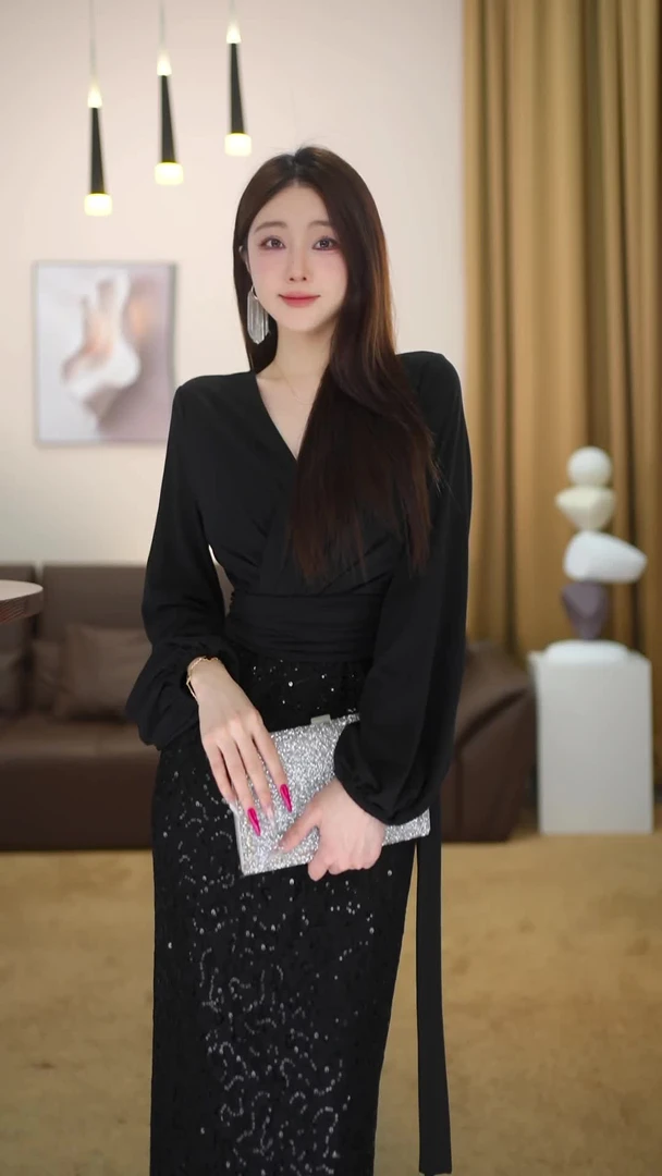 【苏渺】巴黎诗集  法式名媛优雅轻奢收腰黑色气质连衣裙-VG0414