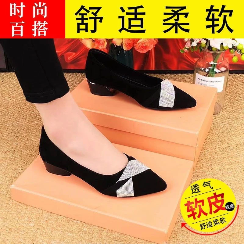亮钻气质磨砂绒面尖头粗跟时尚浅口细跟优雅春秋通勤女士皮鞋