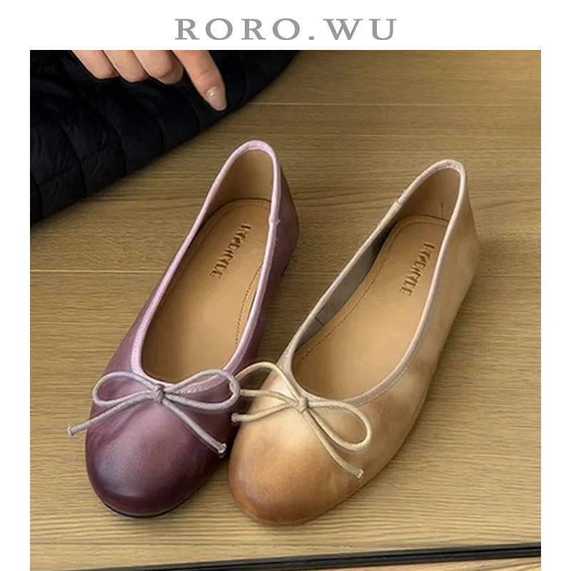 娆娆吴·头层水洗牛皮玛丽珍法式复古休闲百搭蝴蝶结单鞋女M033