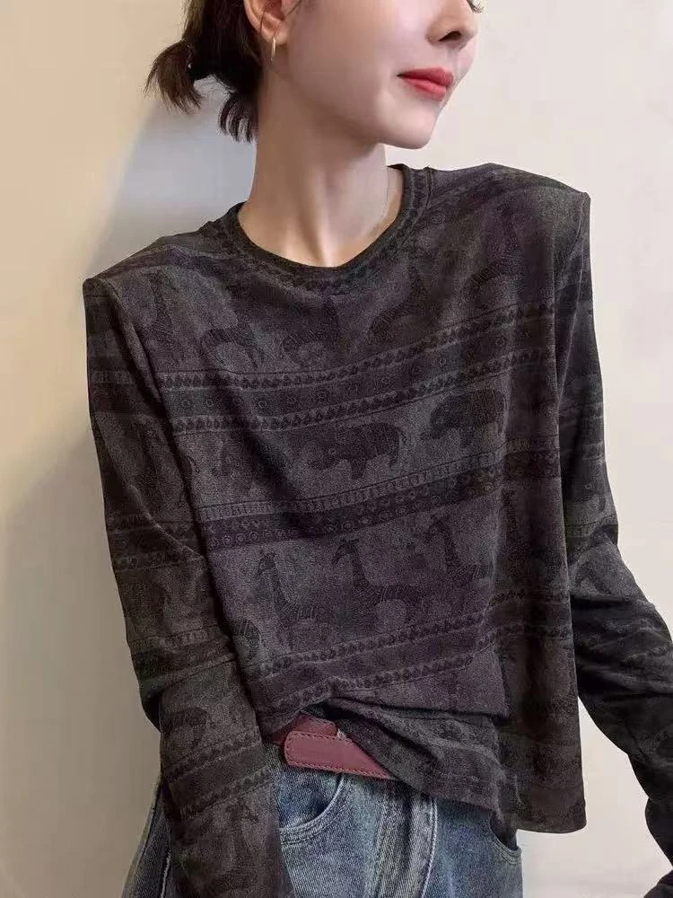 018#秋季新款舒适百搭大象印花圆领长袖宽松休闲T恤女上衣
