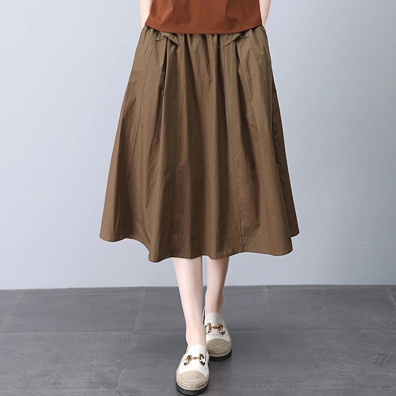 纯棉半身裙女2025夏季新款时尚休闲显瘦高褶皱大摆A字中长裙复古