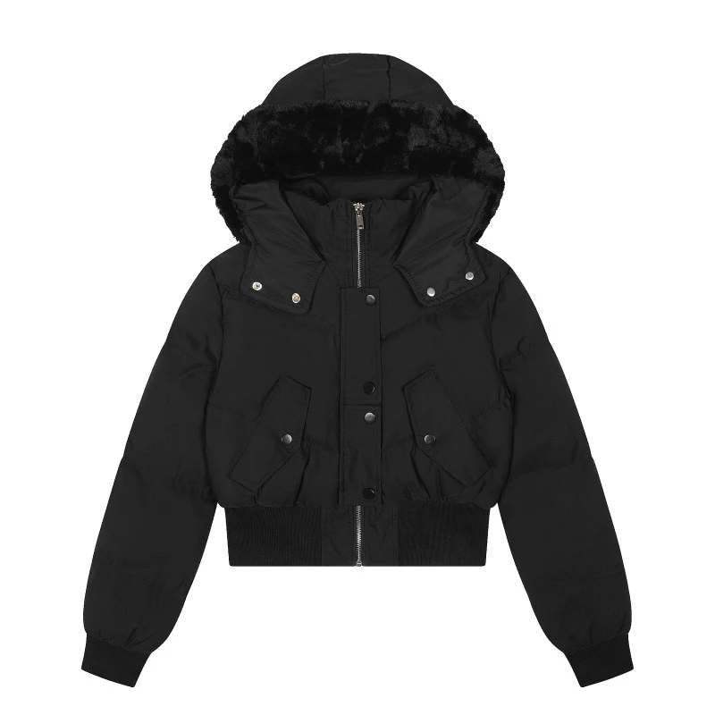 韩版时尚潮流纯色修身短款高腰毛领连帽棉服外套女生简约加厚棉衣