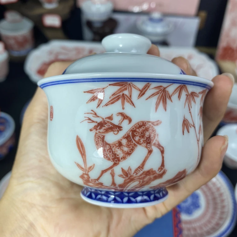 鹿盖碗 青花拓片 纯手工手绘 景德镇高温陶瓷