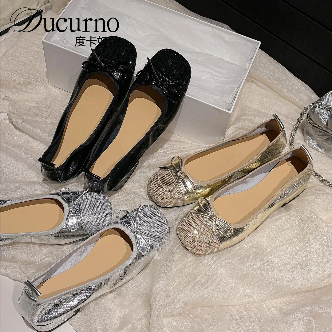 DUCURNO小香风金色平底方头单鞋女水钻拼接蝴蝶结浅口四季小皮鞋