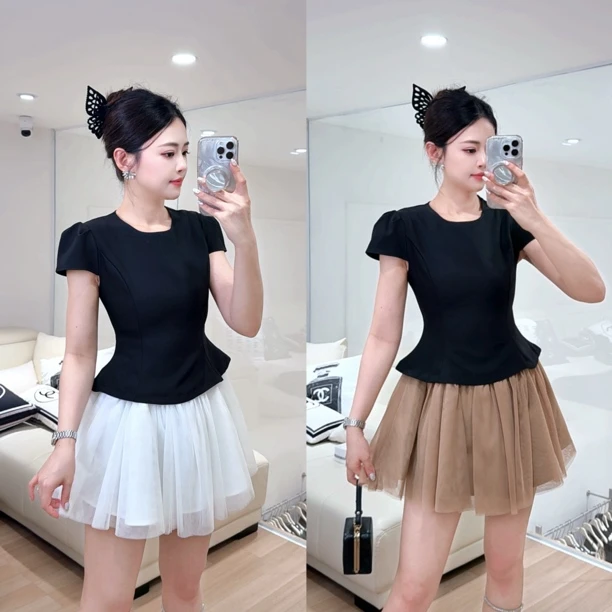 【柔嘉Yoga】短袖收腰连衣裙夏季法式假两件蓬蓬裙纱裙小个子显瘦