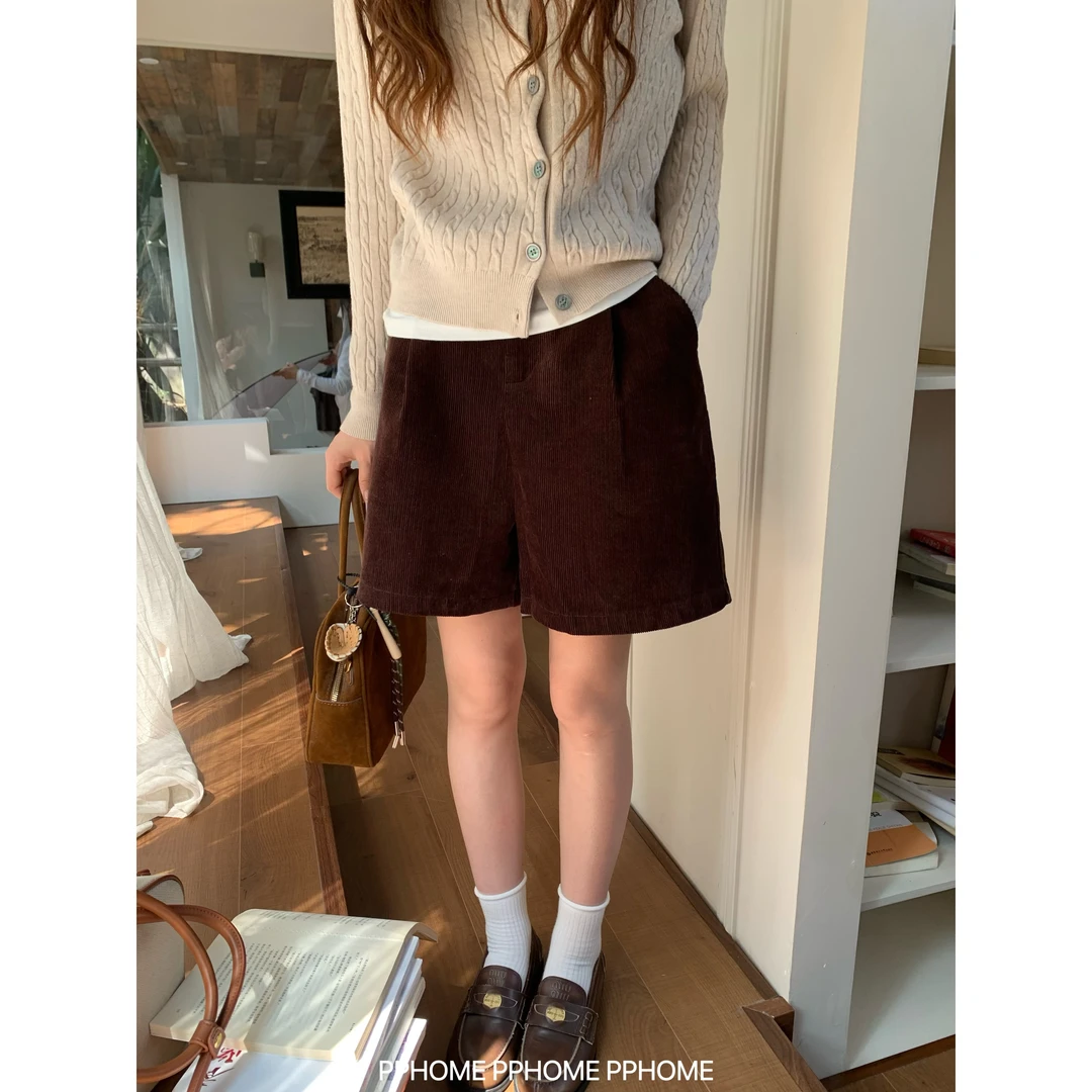 灯芯绒中裤 巨百搭早秋复古百搭高腰中裤休闲五分裤女