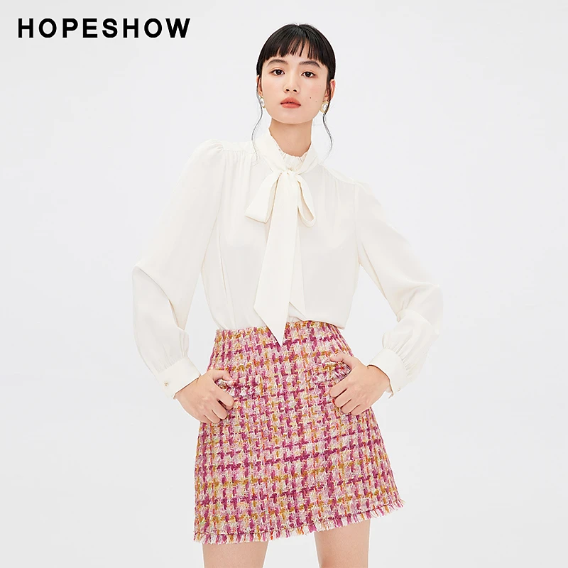 红袖春季新款女装 香风单排扣木耳边飘带立领衬衫89123370301