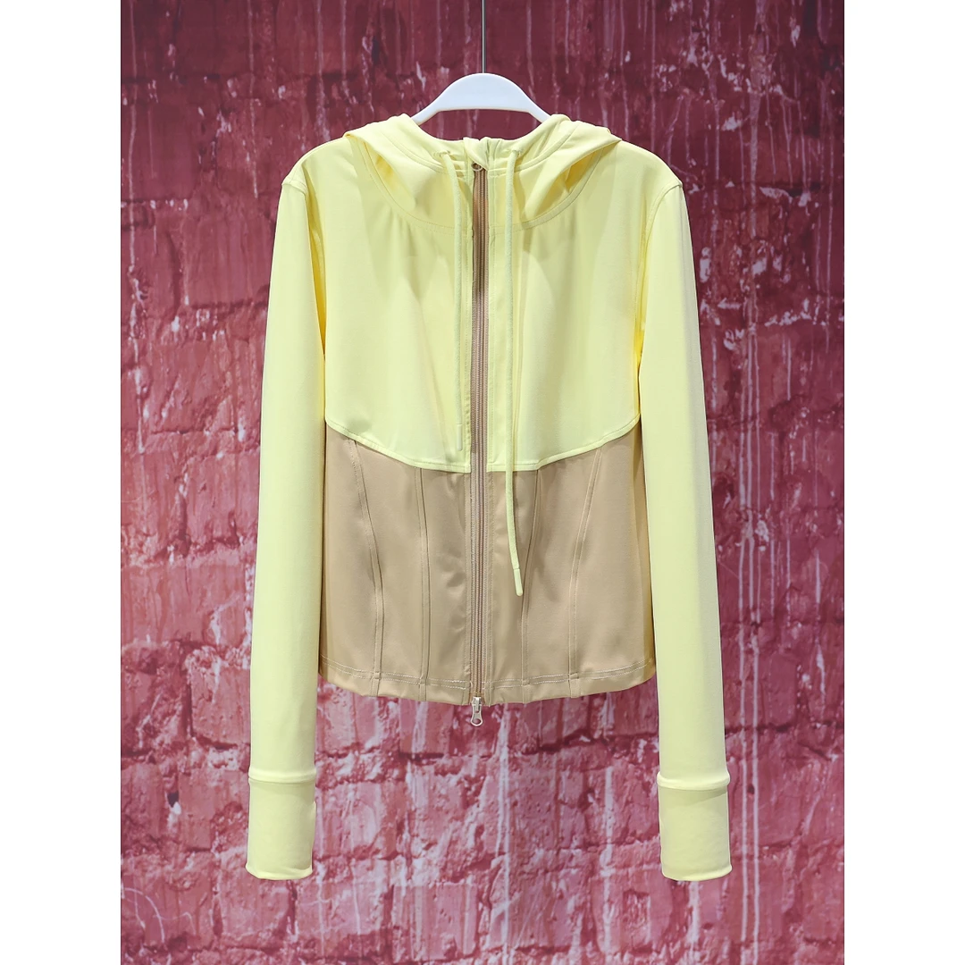 【韩哥女装】设计师高定轻薄小众鹅黄色撞色拼接连帽防晒外套6933A