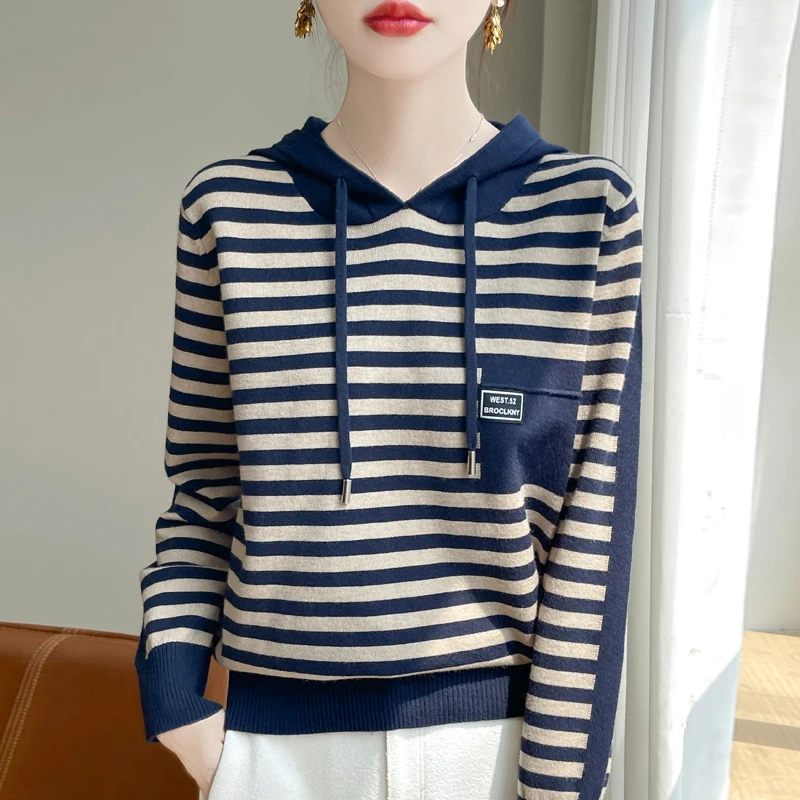 2025春季女士假口袋条纹帽衫长袖针织衫时尚百搭显瘦休闲连帽卫衣
