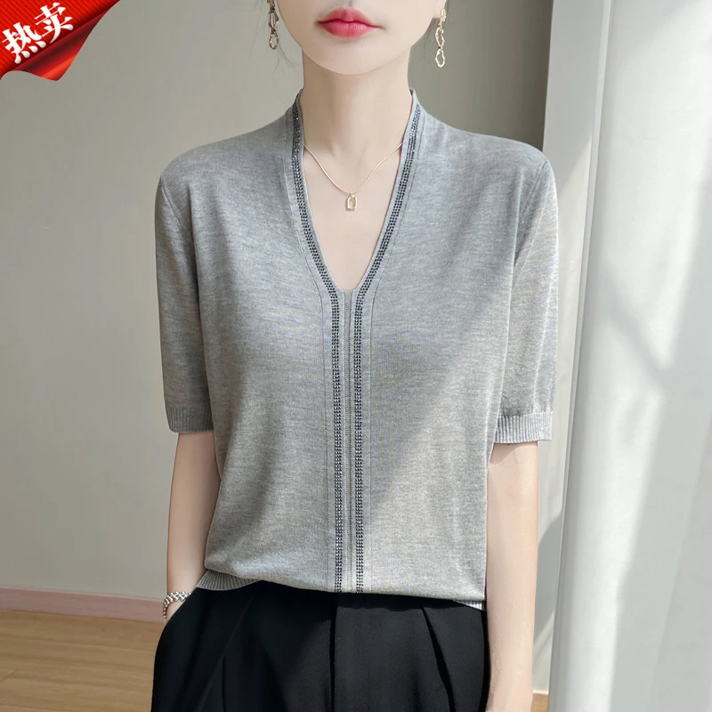 时尚品牌2025新款通勤简约风百搭烫钻针织衫夏季时尚洋气女士上衣