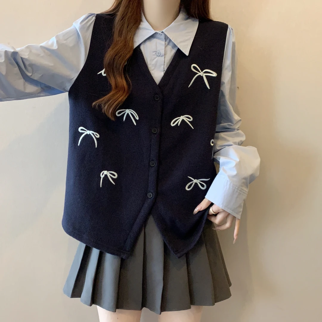 大码假两件蝴蝶结马甲拼接衬衫女春秋微胖MM宽松显瘦百搭洋气上衣