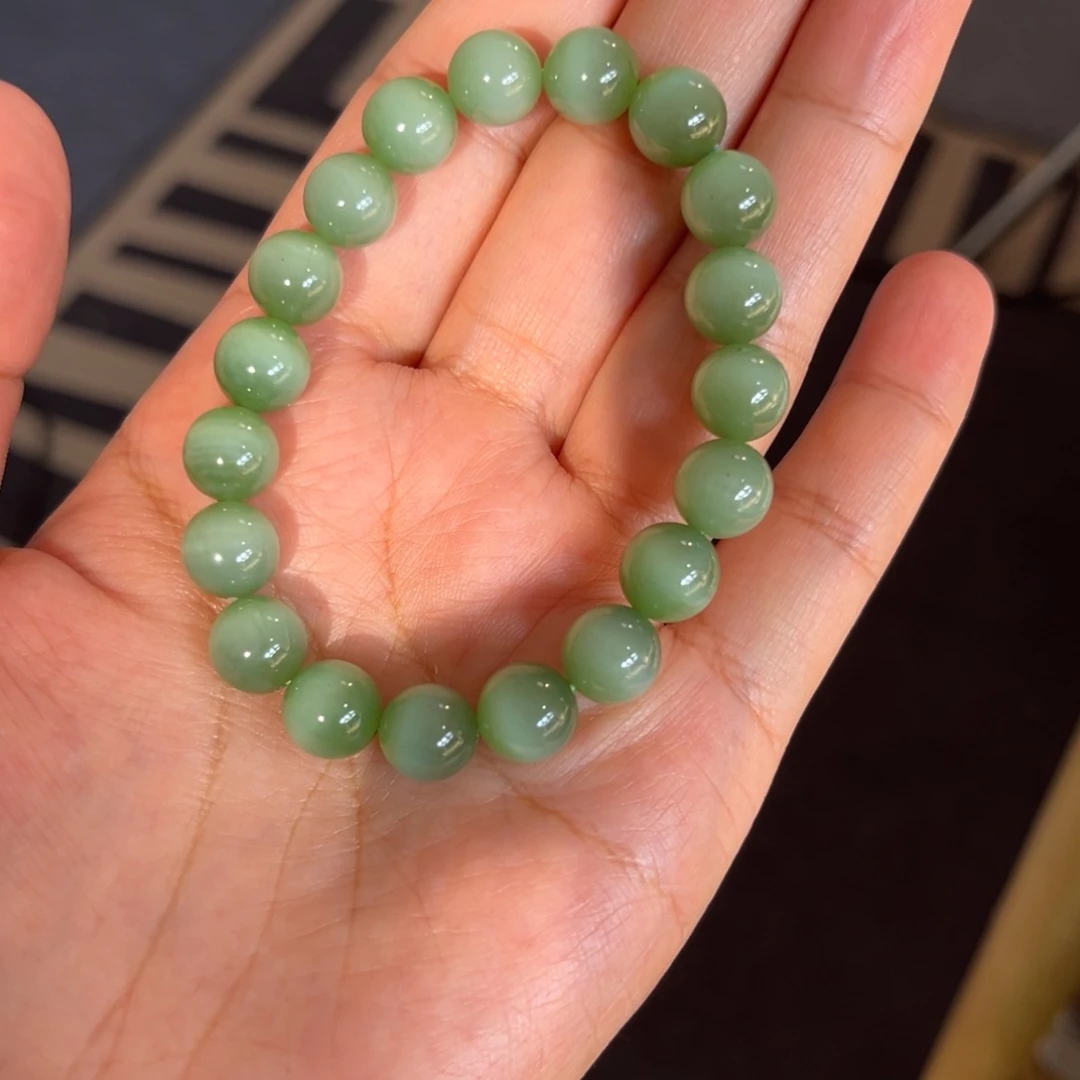 和田玉未镶嵌手镯10mm粉绿猫眼一线猫碧玉手串