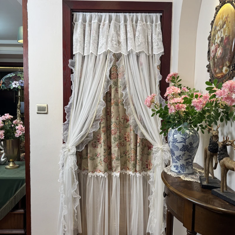 浣荷双层定刺绣吊珠双层长门帘家用免打孔卧室氛围感隔断纱帘