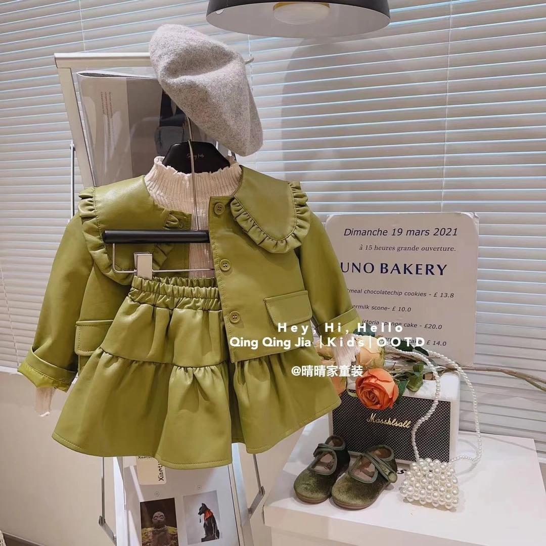 女童花边大翻领纯色外套洋气短裙皮衣两件套2024春装新款GC0201鱼