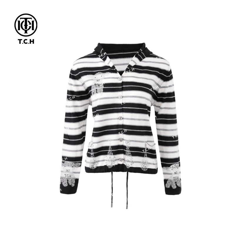 TCH-25奥利奥温婉风长袖针织开衫设计师条纹洋气轻奢时尚圆领