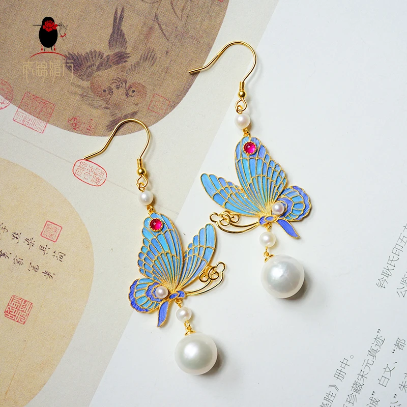 衣锦媚行 925银镀金镶珍珠点翠蝴蝶耳饰