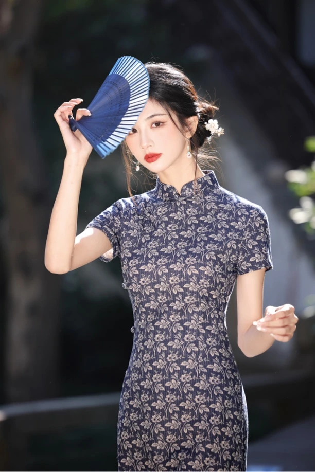 503 年轻款深蓝小碎花八扣|花澜|旗袍
