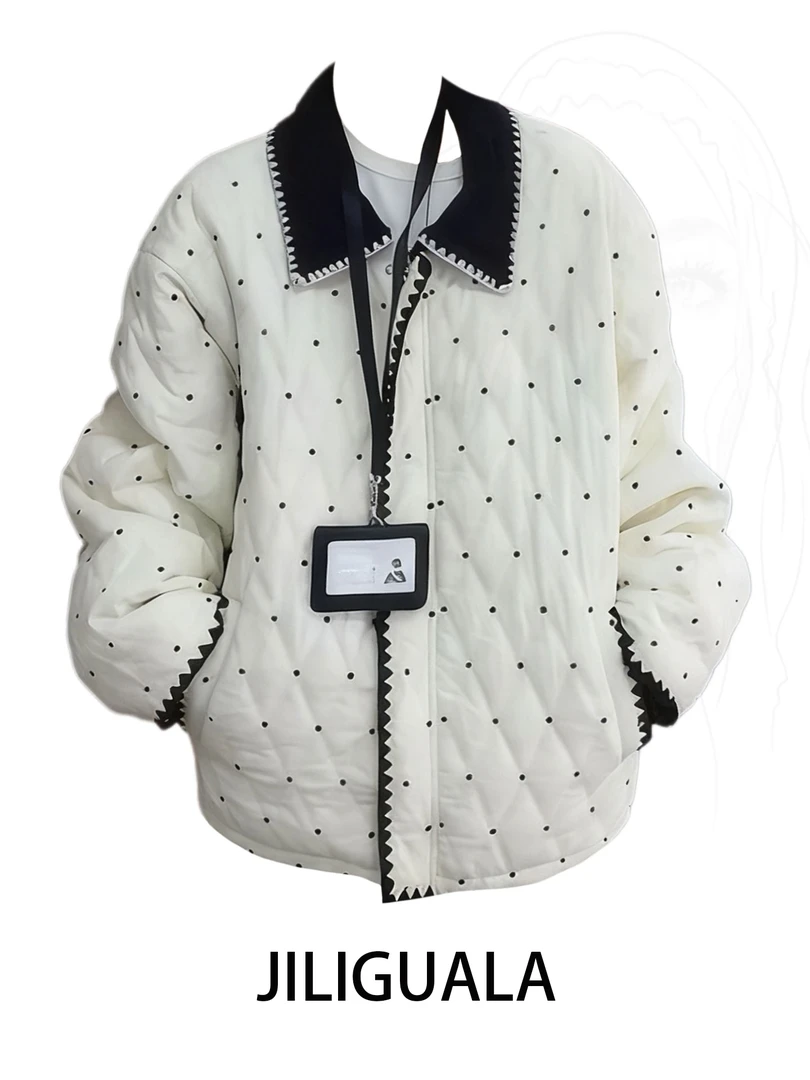 大码韩系甜美波点菱格纹棉服女冬季2025新款胖MM宽松加厚保暖外套