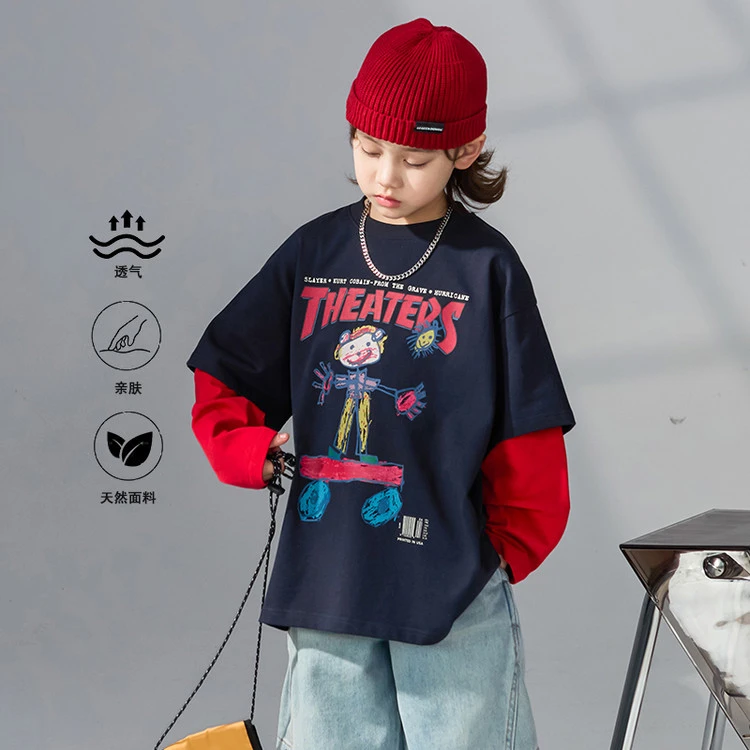 男童秋装2025新款儿童撞色假两件涂鸦卡通T恤衫中大童儿童装长袖