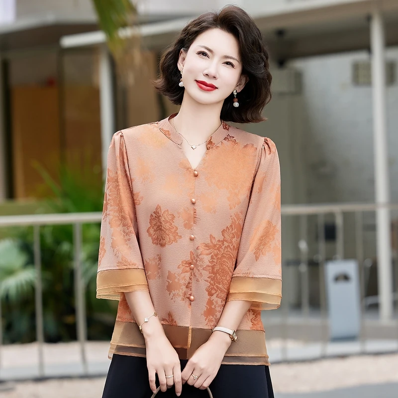 新中式印花中袖衬衫休闲洋气遮肚子妈妈装夏季衬衣气质显瘦套装