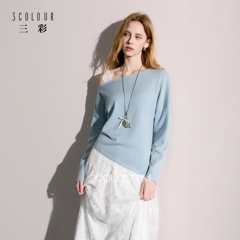 三彩2025秋季新款斜肩针织衫拼接毛衫不对称长袖套头慵懒M