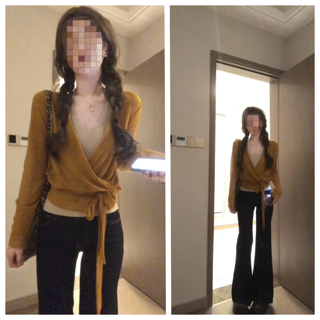 优秀的金蘑菇 早秋气质针织绑带显瘦系带罩衫交叉领古早收腰套装