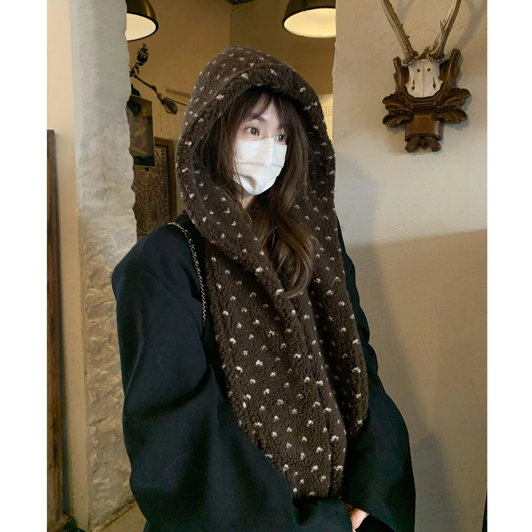 韩版ins风波点毛绒帽子围巾二件套女冬季加厚保暖护耳连帽围脖潮