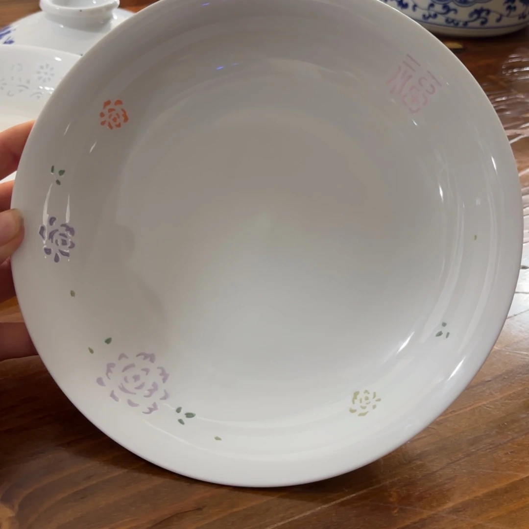 瓷白玲珑七彩牡丹花福字8英寸深盘4个【微瑕尾货】