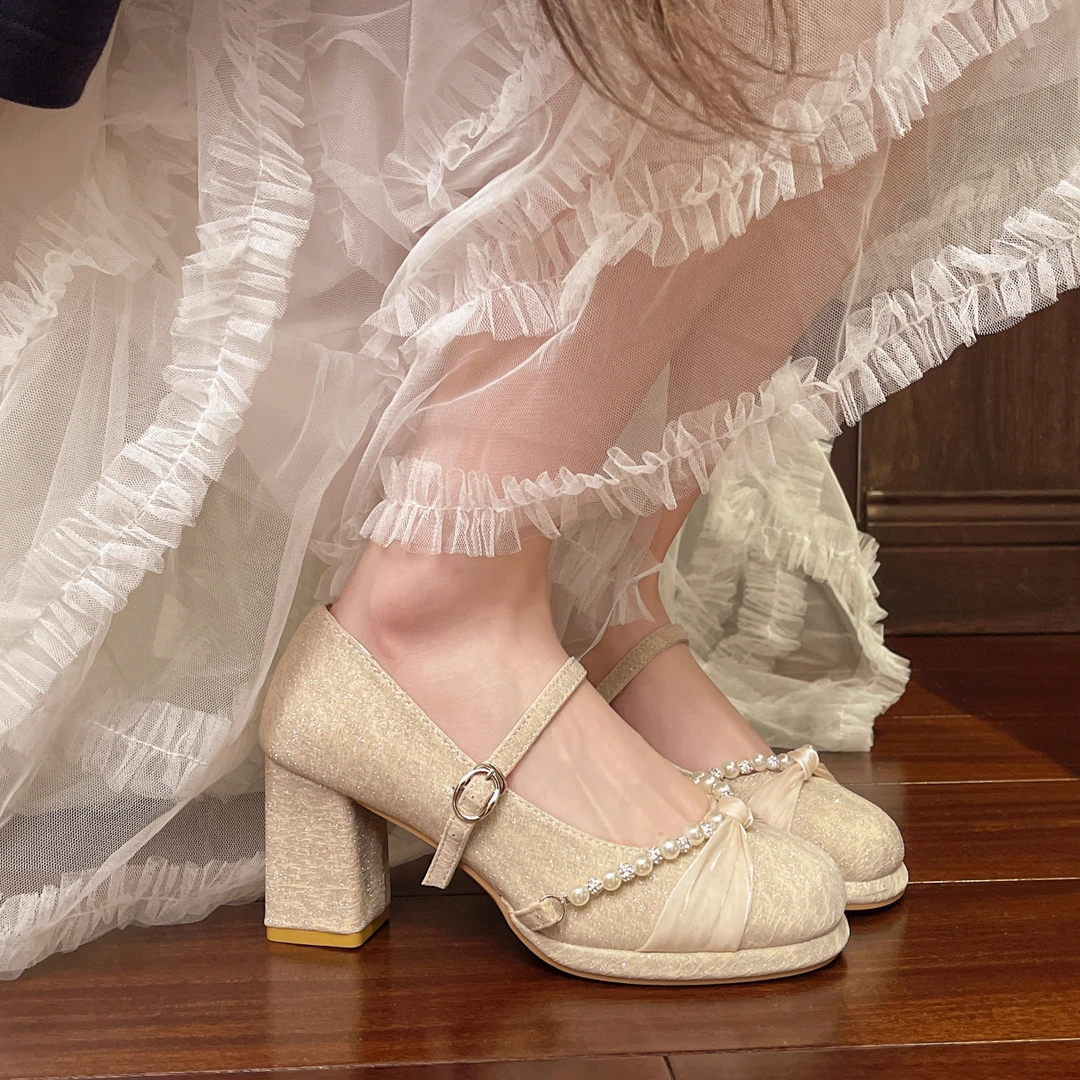 法式仙女风高跟配裙子粗跟单鞋女2025年夏季新款甜美圆头一字扣鞋